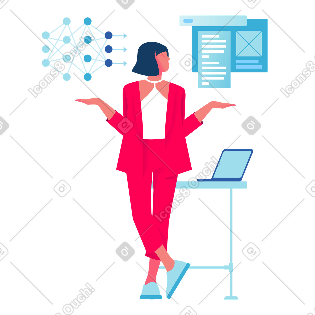 Developer standing by AI model and data dashboard, Deep learning technology-Illustration im Daily-Stil als Download in PNG, SVG