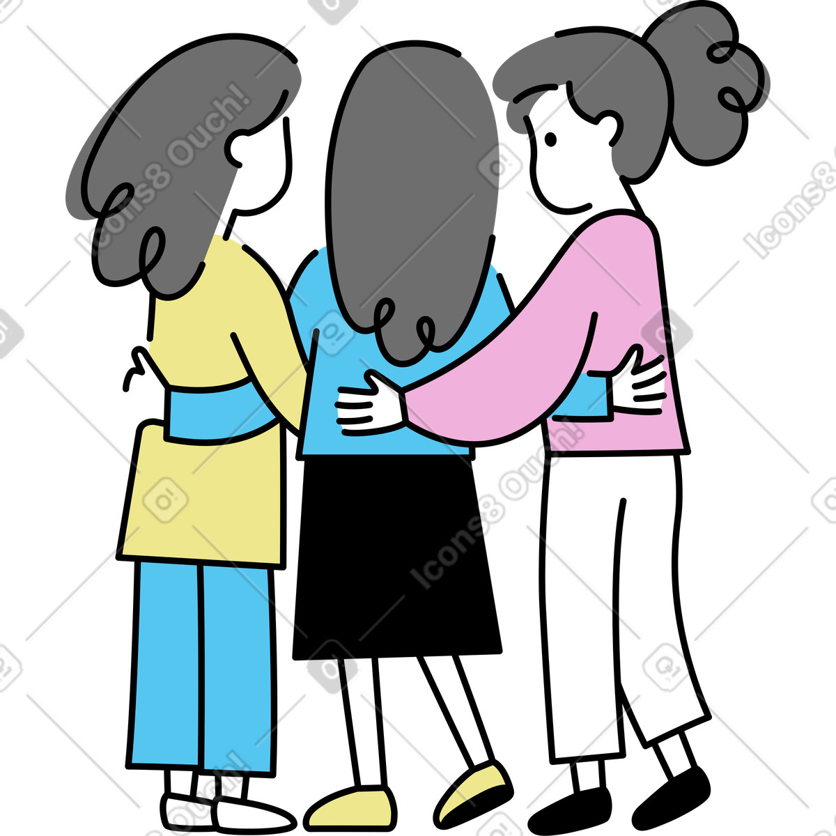 Three hugging women illustration in Mochi style download in PNG, SVG