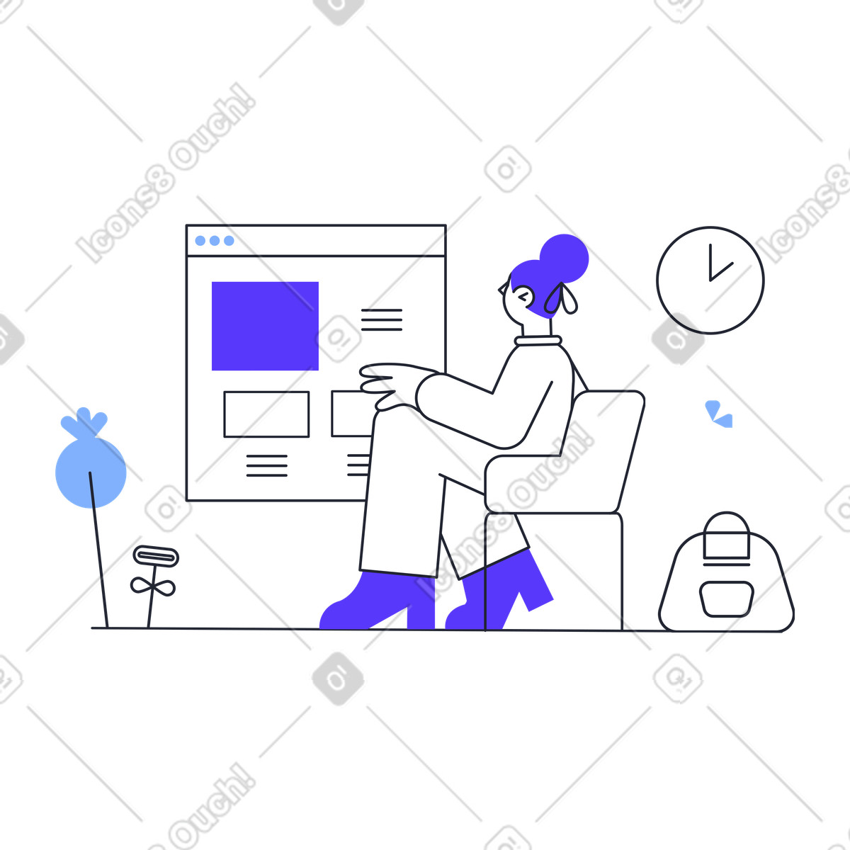 Woman in blue shoes looking at website page illustration Pablita style download PNG, SVG