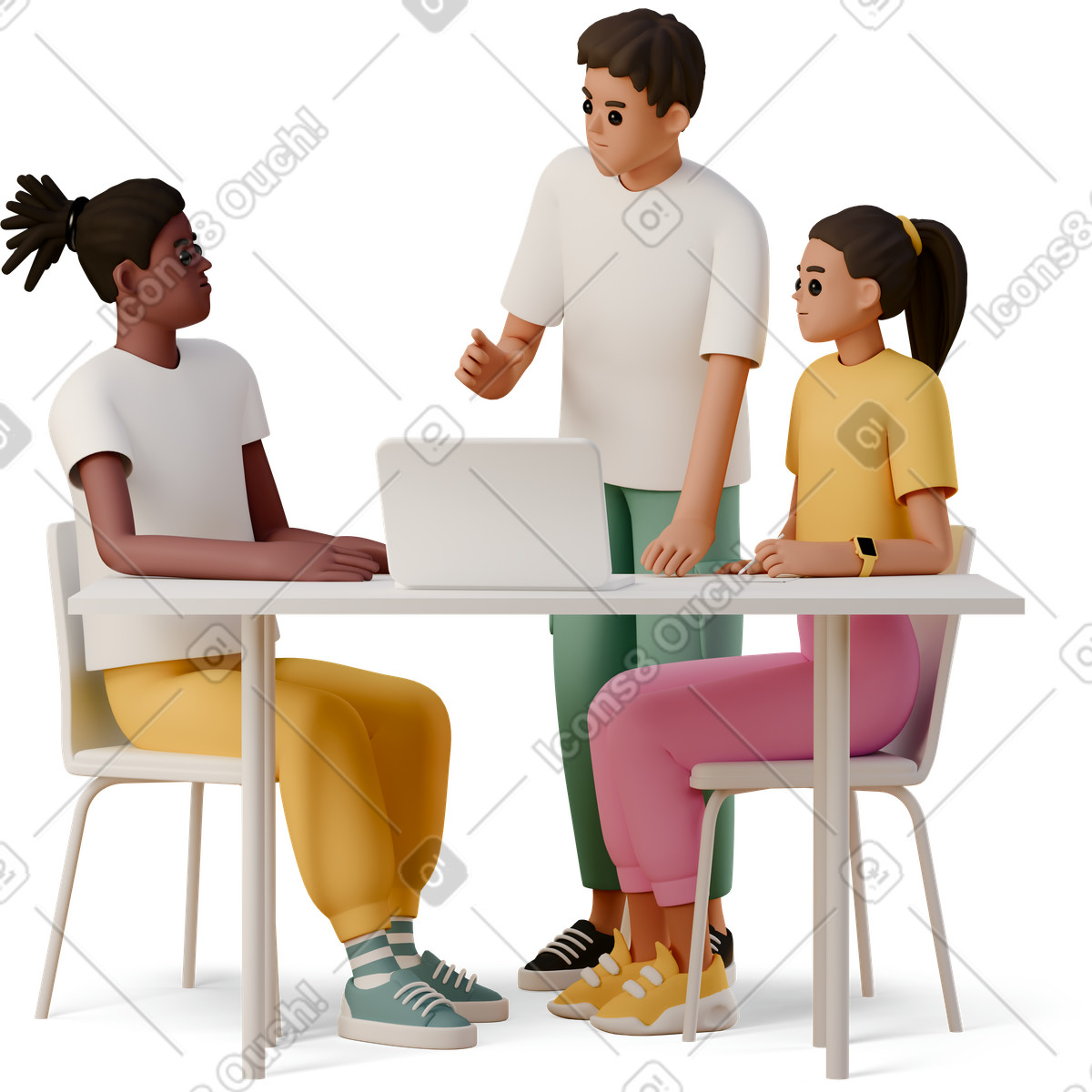 3D Casual life 스타일의 Young colleagues discussing team project at the table 일러스트레이션 PNG, SVG 다운로드