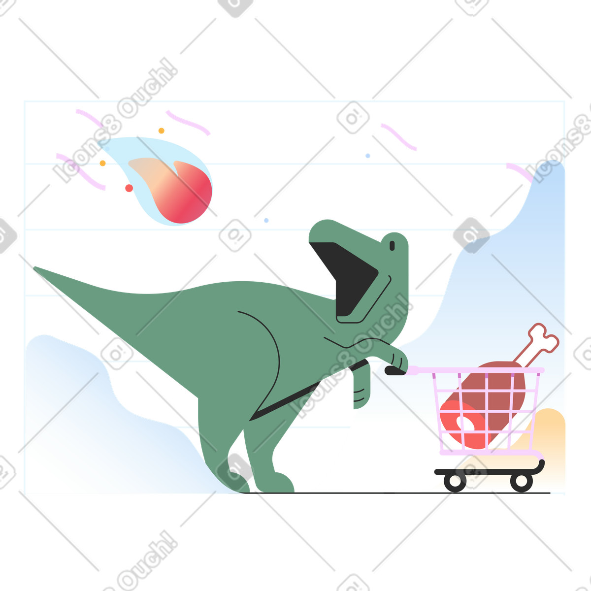 Dinosaur with shopping cart seeing an asteroid illustration in Marginalia style download in PNG, SVG