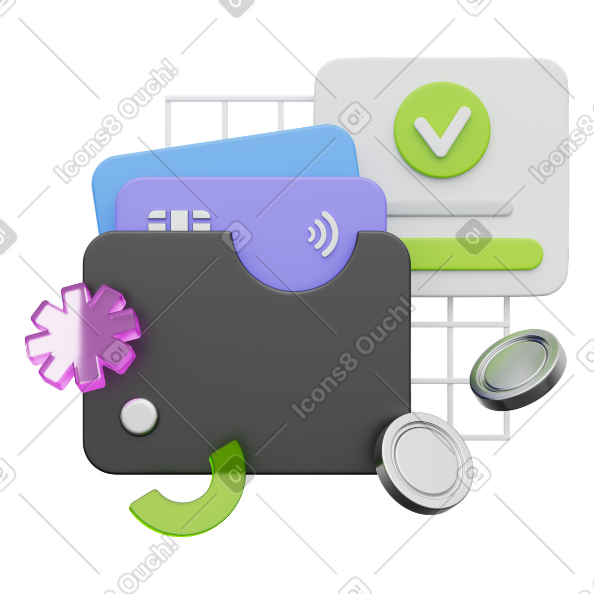 Digital transaction success with checkmark and bank cards in cardholder illustrazione stile 3D Playful scarica PNG, SVG