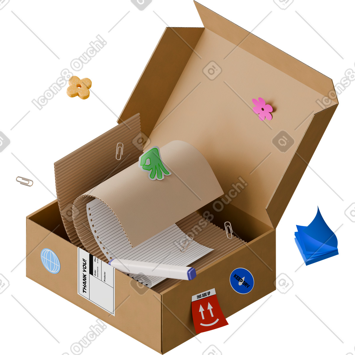 Ilustração animada de Isometric view of open box with papers em no estilo 3D Hygge para baixar em GIF, Lottie (JSON), AE