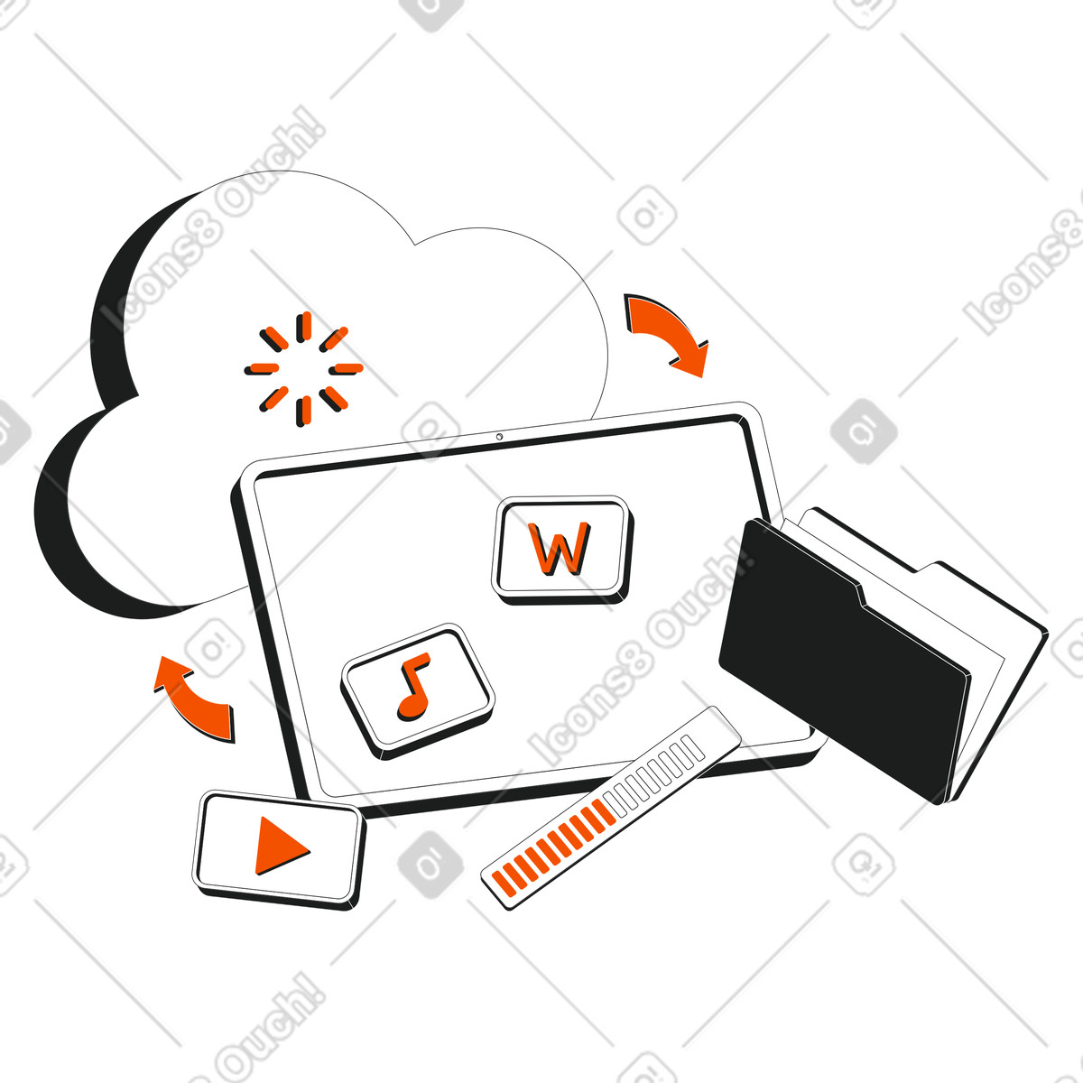 Multimedia files uploading to cloud storage, Online storage and backup workflow illustrazione in stile Strict scarica in PNG, SVG