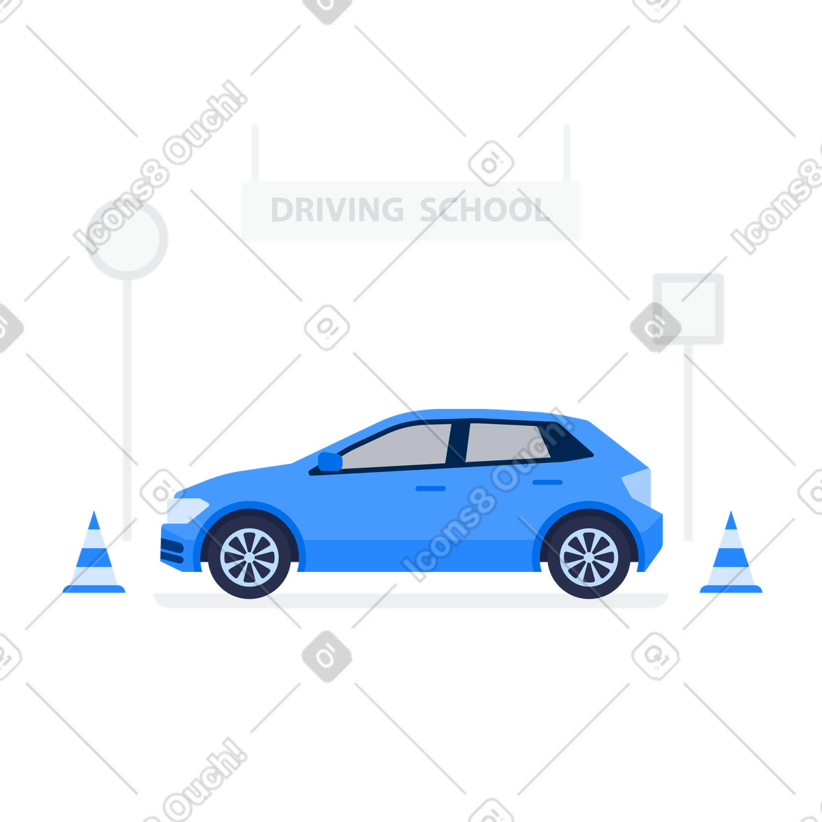 Passenger car on background of road signs and traffic cones, driving school sign illustration in Urban style download in PNG, SVG