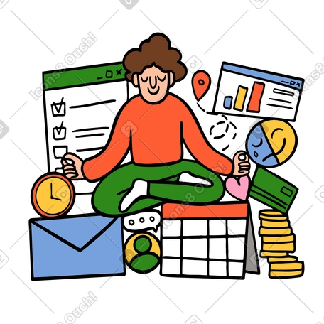 Employee meditating among work tasks, Work-life balance illustration in ...