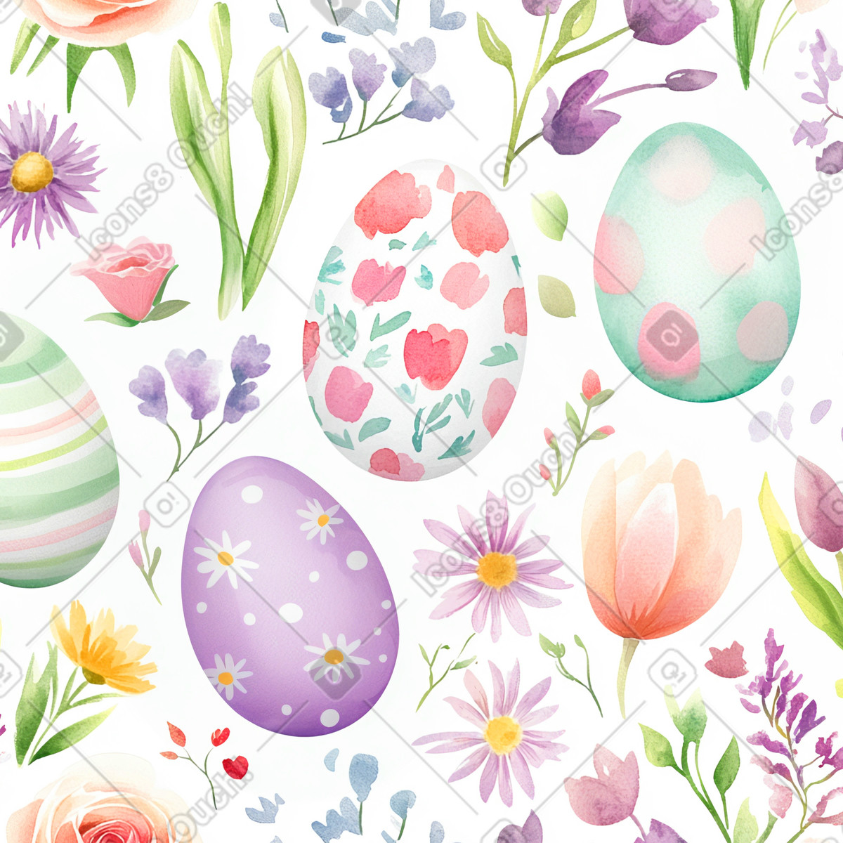 Pattern with watercolor painted easter eggs and flowers illustration in Postcards style download in PNG, SVG