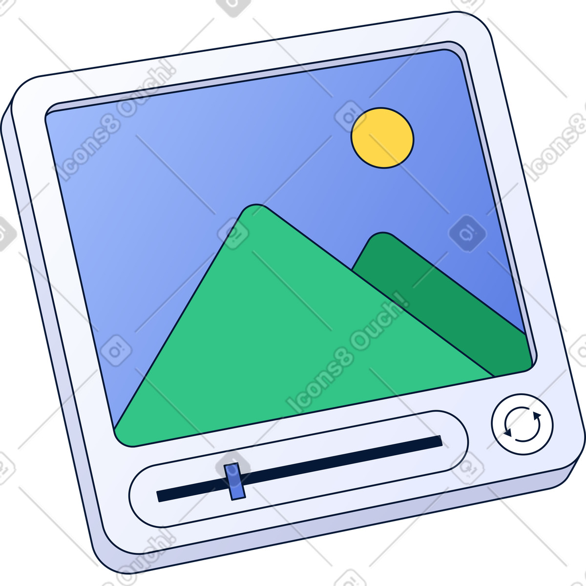 Ilustração de Photo viewer interface showing landscape picture with slider and refresh button em no estilo Neat para baixar em PNG, SVG