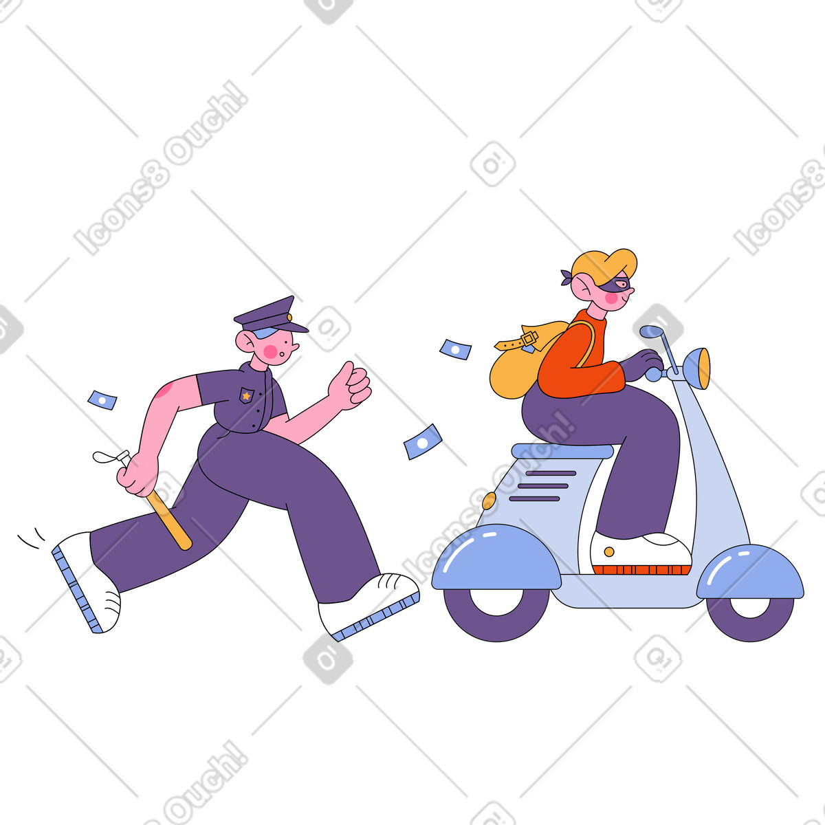 Ilustración Policía persigue a ladrón en ciclomotor estilo Bloom descargar PNG y SVG