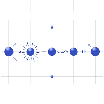 An illustration of a chain reaction is displayed, highlighting multiple atoms undergoing fission in a sequential manner. Each atom is depicted as a small sphere, with distinct lines representing the paths of emitted neutrons. The first atom is surrounded by a radiant burst, indicating the fission event. The following atoms are arranged in a linear fashion, with some showing signs of energy release, such as radiating lines and waveforms. The background features a clearly defined grid layout, emphasizing the interconnectedness of the atoms in the reaction.