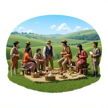 A vibrant scene depicting a cultural exchange between settlers and indigenous people in a lush, green landscape. The settlers, dressed in 19th-century attire, are engaged in a friendly conversation with indigenous individuals wearing traditional clothing, adorned with colorful patterns and accessories. Mier y Teran is positioned to the side, observing the interaction with a notebook in hand, taking notes on the exchange. The background features rolling hills and a clear blue sky, creating a lively atmosphere. Various items, such as baskets, tools, and food, are exchanged between the groups, symbolizing the sharing of cultures.