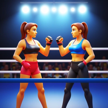 Two female MMA fighters with muscular builds and focused expressions are facing off inside a boxing ring. They are wearing distinct fight gear; one has a black tank top and red shorts, while the other is in a blue sports bra and black leggings. The fighters have their fists raised in a fighting stance, showcasing their intense determination. The ring is surrounded by a cheering crowd, and the bright lights above cast a dramatic glow on the fighters. Their hair is tied back, emphasizing their fierce concentration as they prepare for the match.