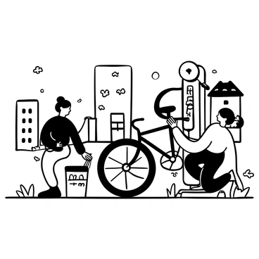 A cyclist crouched down beside a city bike repair station, using a tool to remove a flat tire from a bicycle. The repair station features a large air pump attached to it, along with a small toolbox filled with various tools. A few other bicycles are stationed nearby, and there are city buildings in the background. Several scattered leaves and a small puddle are present on the ground, reflecting the surrounding environment.