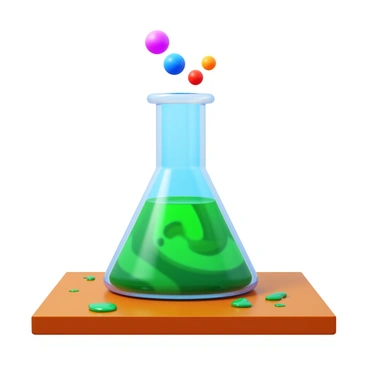 A glass beaker filled with a bright, bubbling potion. The liquid has a vibrant green color with swirling patterns. Colorful fumes rise from the potion, displaying hues of purple, blue, and orange. The beaker is set on a wooden table, with small droplets of liquid spilling over the rim. Soft reflections of the potion's colors shimmer on the surface of the table.