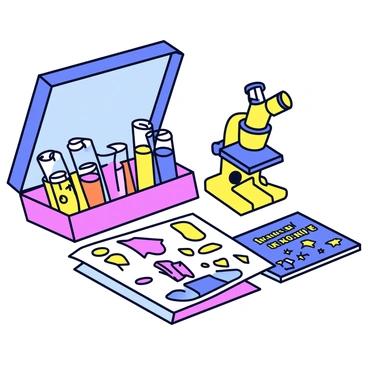 A child's science kit with a colorful carrying case. Inside the case, there are several glass test tubes arranged neatly, each filled with different colored liquids. Next to the test tubes is a small microscope, designed in bright primary colors, with a large lens and simple controls. Alongside the microscope, there is a book titled "Fun Experiments" with a vibrant cover filled with illustrations of chemical reactions and science symbols. The items are set against a plain, light background to emphasize the details of the kit.