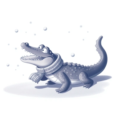 A crocodile with textured skin is positioned in a snowy landscape. It is wearing a thick, knitted winter scarf around its neck. The crocodile is actively playing, with its mouth open in a playful expression. Snowflakes are gently falling from the sky, creating a soft layer of snow on the ground. The setting includes snow-covered ground, and the crocodile's tail is raised playfully as it interacts with the snow.