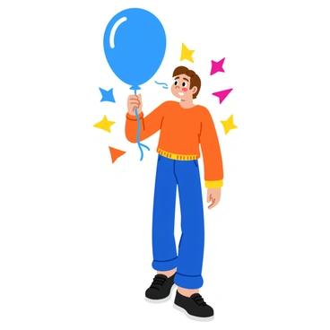 A person with short brown hair is standing and blowing into a colorful balloon. The balloon is bright blue and slightly inflated. Arrows in vibrant colors are dynamically illustrated around the balloon, pointing towards it to indicate the force of air being applied inside. The person's cheeks are puffed out, and their lips are pursed against the opening of the balloon. The background is simple to emphasize the action taking place.