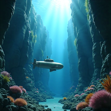 A 3D map showcasing a detailed underwater environment. The map features deep canyons with steep, rocky sides and intricate cave systems. A submarine with a metallic exterior is depicted traveling through the canyons, leaving a trail of bubbles behind it. The water is a rich blue, with light rays filtering down from the surface, illuminating the surroundings. Coral formations and marine plants are visible along the canyon walls, adding vibrant colors to the scene. The submarine is positioned at the center of the image, navigating through the complex underwater landscape.