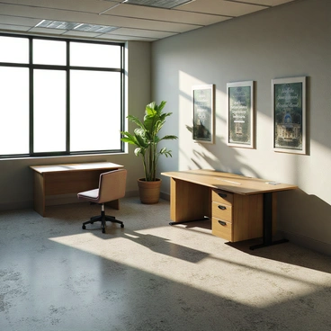 An empty office space featuring posters on the walls that depict themes of wealth and success with motivational quotes. The furniture in the office is dusty, indicating it has been unused for a considerable time. There are an unoccupied desk with a scratched surface and a chair pushed in at the side. A large window allows natural light to filter in, casting shadows on the floor. A potted plant sits in the corner, slightly wilted, adding to the atmosphere of neglect. The overall environment conveys a sense of abandonment and unfulfilled potential.