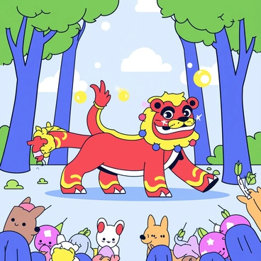 A barongsai, or lion dance, featuring a vibrant red and gold lion costume. The lion has large, expressive eyes and a flowing mane, adorned with colorful tassels. The performance takes place in a dense, enchanted forest with towering trees and lush green foliage. Sunlight filters through the leaves, creating a dappled effect on the ground. There are small, glowing orbs floating in the air around the lion, adding a magical atmosphere to the scene. The ground is covered with soft moss and scattered flowers. A small crowd of enchanted forest creatures, such as rabbits and deer, watches the performance with curiosity.