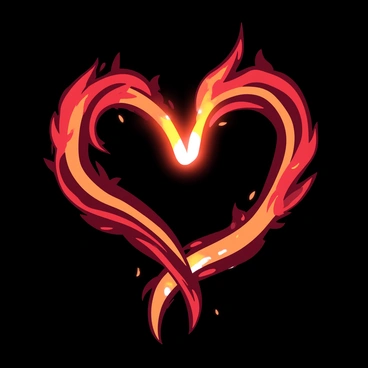 A heart shape formed by intertwining orange and red flames is prominently displayed against a black backdrop. The flames flicker and dance, creating dynamic curves that emphasize the heart's outline. The center of the heart glows brightly, casting a warm light that contrasts with the surrounding darkness. The flames appear fluid and alive, weaving around each other in an intricate pattern.