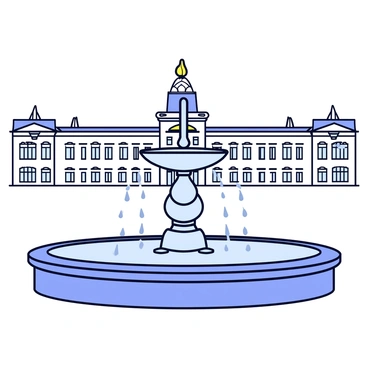 An elegant fountain with a circular basin and intricate details is positioned in front of Buckingham Palace. The fountain features multiple tiers, adorned with floral motifs. Water is gently cascading down the tiers, creating a tranquil flow that fills the basin below. The palace looms majestically in the background, with its iconic architecture and regal features clearly visible. The scene is set in a bright atmosphere, highlighting the beauty of both the fountain and the palace.