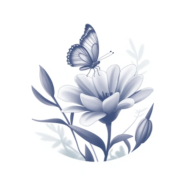 A butterfly with intricate wing patterns, showcasing delicate details, is gracefully landing on a large flower with broad petals. The flower is finely textured, displaying multiple layers of petals fanning outward from the center. The butterfly is positioned just above the flower, its antennae poised as if sensing the flower's fragrance. In the background, there are hints of green foliage framing the scene, enhancing the focus on the butterfly and the flower. The overall composition captures the moment of interaction between the butterfly and the flower in a serene manner.