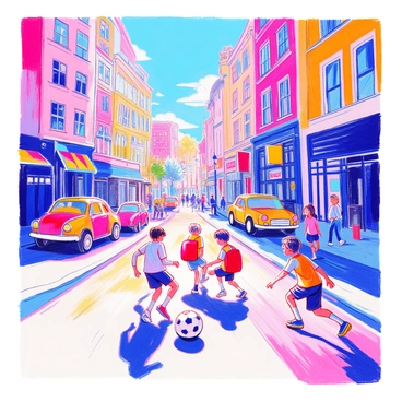 A group of kids is playing soccer on a bustling city street. They are wearing colorful jerseys and shorts. One child is kicking a soccer ball towards a goal made of backpacks. In the background, tall buildings rise with a mix of glass and brick facades. Several cars are parked along the street, and a few pedestrians are walking by, observing the game. Bright banners hang from the buildings, adding to the lively atmosphere. The sun is shining, casting shadows on the pavement where the kids are playing.