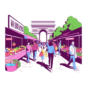 A vibrant street market is filled with colorful stalls displaying various fruits, vegetables, and handmade crafts. People of different ages are browsing and interacting, creating a lively atmosphere. In the background, the "Arc de Triomphe" stands majestically, its intricate details visible against the sky. The market's stalls are adorned with cheerful signs and colorful awnings. The cobblestone street is bustling with activity as shoppers carry bags filled with their purchases.