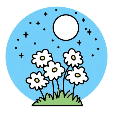 A cluster of flannel flowers with white, fuzzy petals growing on a grassy patch. The flowers are illuminated by the bright light of a full moon above. The night sky is filled with countless stars, shining brightly around the moon. The scene is serene, under the gentle glow of the moonlight, showcasing the delicate features of the flannel flowers.