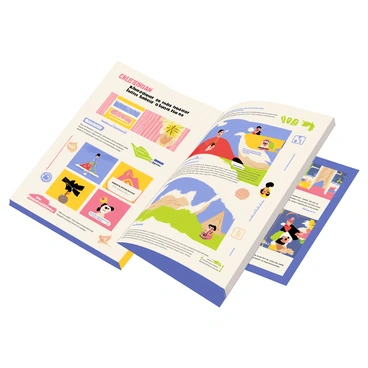 A detailed catalog showcasing a variety of colorful illustrations and artist bios for the "Cheltenham Illustration Awards 2024." The catalog features a glossy cover with the title "Cheltenham Illustration Awards 2024" prominently displayed in bold, vibrant lettering. Inside, each page is filled with unique illustrations, each accompanied by a brief biography of the respective artist. The illustrations feature a diverse range of themes and styles, including landscapes, characters, and abstract designs, creating a dynamic visual experience. Additionally, there are decorative borders and playful elements throughout the pages that enhance the overall presentation of the catalog.