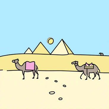 A vast desert landscape with golden sand dunes under a clear blue sky. In the distance, three large pyramids rise majestically, their surfaces reflecting the sun's light. A line of camels, two in the foreground and one further back, are walking across the sand. The first camel is adorned with colorful saddlebags, while the second has a decorated harness. Small footprints in the sand lead towards the pyramids, emphasizing the open space of the desert surroundings.