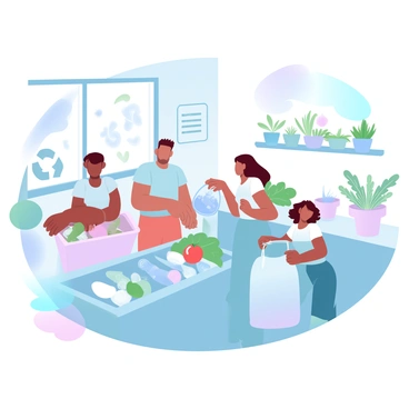 A family of four is actively engaged in zero-waste strategies at their home. The parents are sorting through a variety of recyclable materials, such as paper, plastic, and glass, placing them into separate bins. One child is joyfully adding kitchen scraps, like vegetable peels and coffee grounds, into a compost bin situated in the corner of the kitchen. The other child is holding a reusable shopping bag filled with fresh produce. They are surrounded by various plants and herbs growing in pots on the windowsill, emphasizing a sustainable lifestyle. A poster on the wall outlines their zero-waste goals and tips for reducing waste.