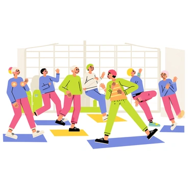 A vibrant group of seniors is exercising together in a community center. They are all in colorful workout attire, showcasing a variety of bright colors like blue, pink, and green. Each senior is engaged in doing flutter kicks, with their legs moving rhythmically up and down. The scene is lively, filled with smiles and laughter, capturing a sense of camaraderie among the participants. The community center has large windows allowing natural light to flood in, creating an energetic atmosphere. In the background, exercise mats and fitness equipment are neatly arranged, adding to the active environment.