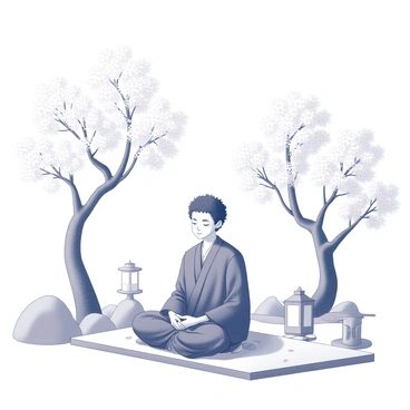 Ayanokoji is seated in a traditional meditative pose on a flat stone surface in a Japanese garden. He is surrounded by several delicate cherry blossom trees, their branches elegantly arched and adorned with clusters of blooming flowers. The garden features carefully arranged rocks and pebbles, symbolizing tranquility, with a small stone lantern positioned nearby. Soft whispers of the wind cause the petals to gently fall around him, creating a serene atmosphere. Ayanokoji's expression is calm and focused, as he embodies a sense of inner peace amidst the natural beauty of the garden.