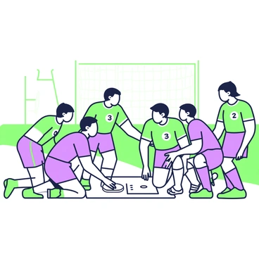 A sports team is huddled together on a field, preparing to strategize before a game. The players are wearing matching uniforms with distinct numbers, and their faces display determination. Some players are kneeling while others are standing, forming a close circle. One player in the center is pointing towards a play drawn in the dirt, while others are leaning in to listen attentively. In the background, there are goalposts visible, and the field is marked with white lines. The sky above is clear, indicating a bright day suitable for playing sports.