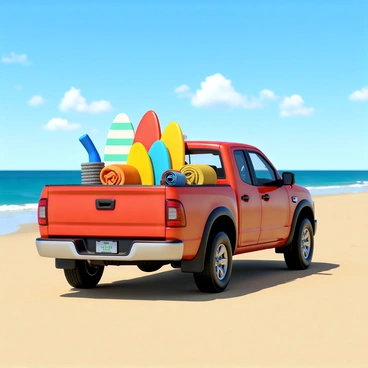 A pickup truck parked on a sandy beach, with its bed filled with colorful surfboards and neatly rolled beach towels. The surfboards are various sizes and designs, displaying vibrant colors and patterns. The beach towels are arrayed in warm hues of orange, blue, and yellow. In the background, gentle waves lap against the shore and a clear blue sky stretches overhead, dotted with a few fluffy white clouds. The scene captures a perfect day at the beach, inviting and ready for fun in the sun.