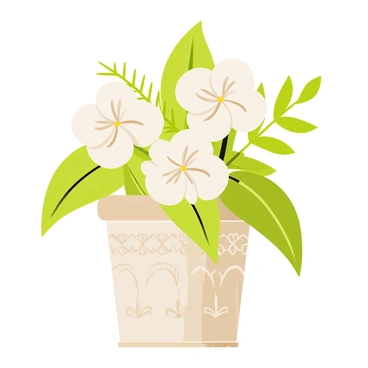 A floral arrangement featuring white gardenias with lush green leaves. The gardenias are arranged artfully, showcasing their delicate petals. The greenery includes ferns and other assorted leaves, adding texture and depth to the composition. The flowers and leaves are positioned inside an ornate ceramic pot that has intricate designs and patterns. The pot sits on a solid surface, emphasizing the beauty of the arrangement.