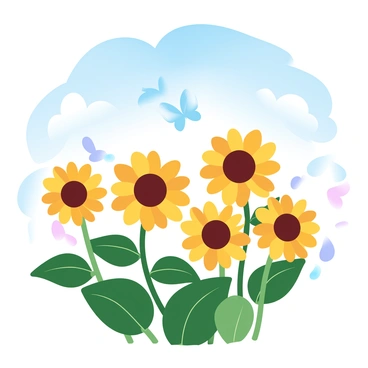 A vast field filled with tall sunflowers, their yellow petals open wide towards a bright blue sky. The sunflowers are standing upright, displaying their rich green leaves. A few butterflies with delicate wings are fluttering gracefully above the sunflowers, adding movement to the scene. In the background, the clear sky has a few fluffy white clouds, enhancing the vibrant colors of the landscape.