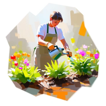 A gardener with medium skin and short brown hair is actively tending to a variety of chlorophyll-rich plants in a flourishing garden. The gardener is wearing a light green apron and gloves, carefully watering vibrant green ferns and leafy vegetables. Around them, colorful flowers bloom, and the rich soil is well-tended, showcasing the health of the plants. Sunlight filters through the leaves, casting dappled shadows on the ground, creating a lively atmosphere in the garden.