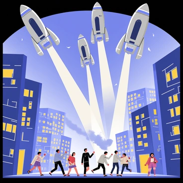 Several sleek, metallic spaceships with glowing blue engines are descending over a bustling city skyline. The buildings below are tall and modern, with illuminated windows reflecting the bright lights from the ships. Beams of bright white light shoot down from the spaceships, illuminating the streets below. People are running in various directions, some looking up in fear, while others are pointing towards the sky. Smoke and debris can be seen drifting through the air, adding to the chaotic scene of the city as the spaceships hover above.