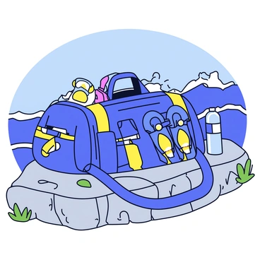 A sturdy diving gear bag with a durable design, featuring multiple pockets and straps for easy carrying. The bag is filled with essentials such as a snorkel, fins, and a wetsuit neatly folded beside a bottle of water. The scene is set on a rocky cliff with textured gray stones and patches of green vegetation. The ocean can be seen in the background, with small waves crashing against the rocks.