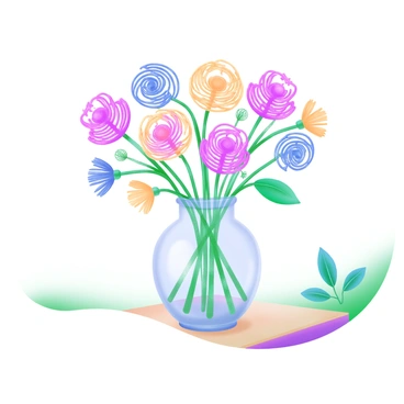 A modern pastel illustration featuring a simple glass vase filled with a spring bouquet made entirely of colorful wire flowers. Each flower is designed with intricate twists and turns of wire, showcasing a variety of colors such as bright pink, sunny yellow, sky blue, and vibrant purple. The vase sits on a light-colored wooden table, and the background is softly blurred to emphasize the bouquet. Delicate green leaves made of wire are intertwined within the arrangement, adding a fresh touch to the composition.
