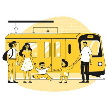 A family of four, including two children, stands on the platform of a subway station, showing expressions of excitement. The parents are holding hands with their children, while the eldest child is holding a small backpack. The youngest child is jumping up and down, grinning widely. The subway train is approaching, with its doors open, revealing a yellow interior. The station has a tiled floor and overhead signs displaying the route. The family is positioned in front of the train, ready to step in.