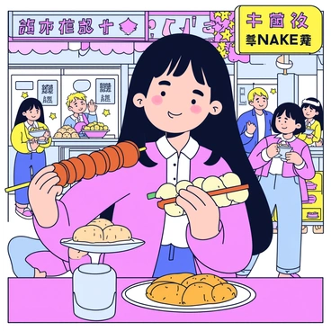 A Chinese girl with long black hair is smiling as she enjoys snacks at a night market. She is holding a skewer of grilled meats in one hand. The market is filled with various food stalls, each adorned with colorful signage and bright lights. In the background, there are other people browsing the stalls and enjoying their own snacks. The atmosphere is vibrant with an array of food items like dumplings, fruits, and pastries displayed on the stalls.