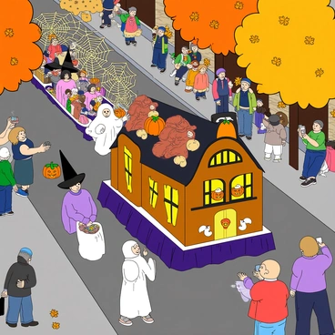 A lively Halloween parade with a vibrant atmosphere. Participants are wearing a variety of spooky costumes, including a witch with a tall black hat, a ghost with a flowing white sheet, and a pumpkin-headed figure. Colorful themed floats are adorned with giant spider webs, glowing jack-o'-lanterns, and skeleton decorations. The float featuring a haunted house has eerie windows and animated ghosts. Spectators in the crowd are excited, some holding bags for candy, while others take pictures. The street is lined with autumn leaves, creating a festive fall backdrop.