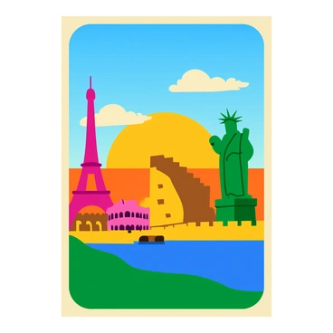 A vintage travel poster featuring "the Eiffel Tower" in Paris, "the Great Wall of China," "the Colosseum" in Rome, and "the Statue of Liberty" in New York City. Each landmark is illustrated with bold colors and clear outlines, capturing their unique architectural features. The background displays a gradient sky transitioning from blue to orange, suggesting a sunset. Stylized clouds float above the landmarks, and a decorative border frames the scene, enhancing the vintage charm of the illustration.