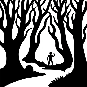 A dense forest with twisted trees, their gnarled branches extending in various directions. Shadows stretch across the ground, creating a sense of depth and intrigue. Shadowy figures can be seen partially obscured among the branches, adding an element of mystery. Mist swirls around the base of the trees, enhancing the eerie atmosphere, while a faint outline of a pathway winds through the forest, leading deeper into the darkness.