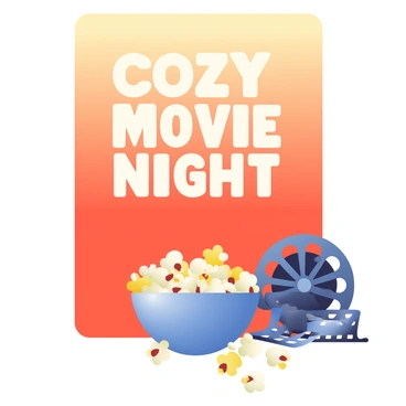 A movie night invitation is displayed prominently in the center. The background features a soft gradient, transitioning from warm yellow at the top to deep red at the bottom. "Cozy Movie Night" is written in large, inviting letters at the top. Below, there is a bowl of freshly popped popcorn spilling slightly, with some kernels scattered around. On the right side of the invitation, a vintage film reel is partially visible, showcasing a film strip winding around it. The overall composition is warm and inviting, evoking a sense of comfort and fun.