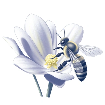 A bee is hovering close to a flower, its wings partially spread, showcasing the intricate patterns on its body. The flower has vibrant petals that are widely open, revealing a central cluster of yellow stamens covered in pollen grains. The bee’s legs are dusted with fine particles of pollen, which are clearly visible. Surrounding the flower is a lush green background, adding depth to the scene. Pollen grains are illustrated in detail, showing their unique shapes and sizes, emphasizing their role in the pollination process.